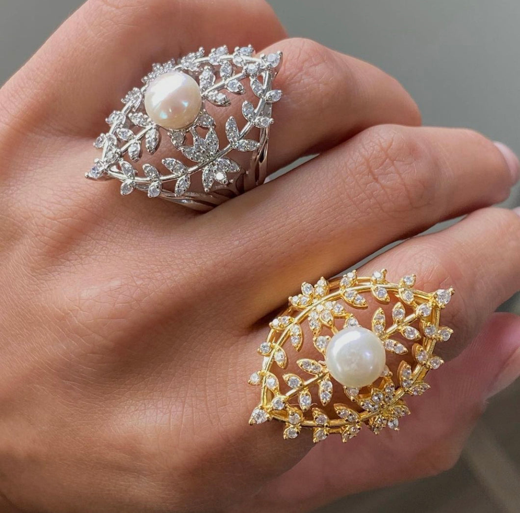 Anel folhas e perola