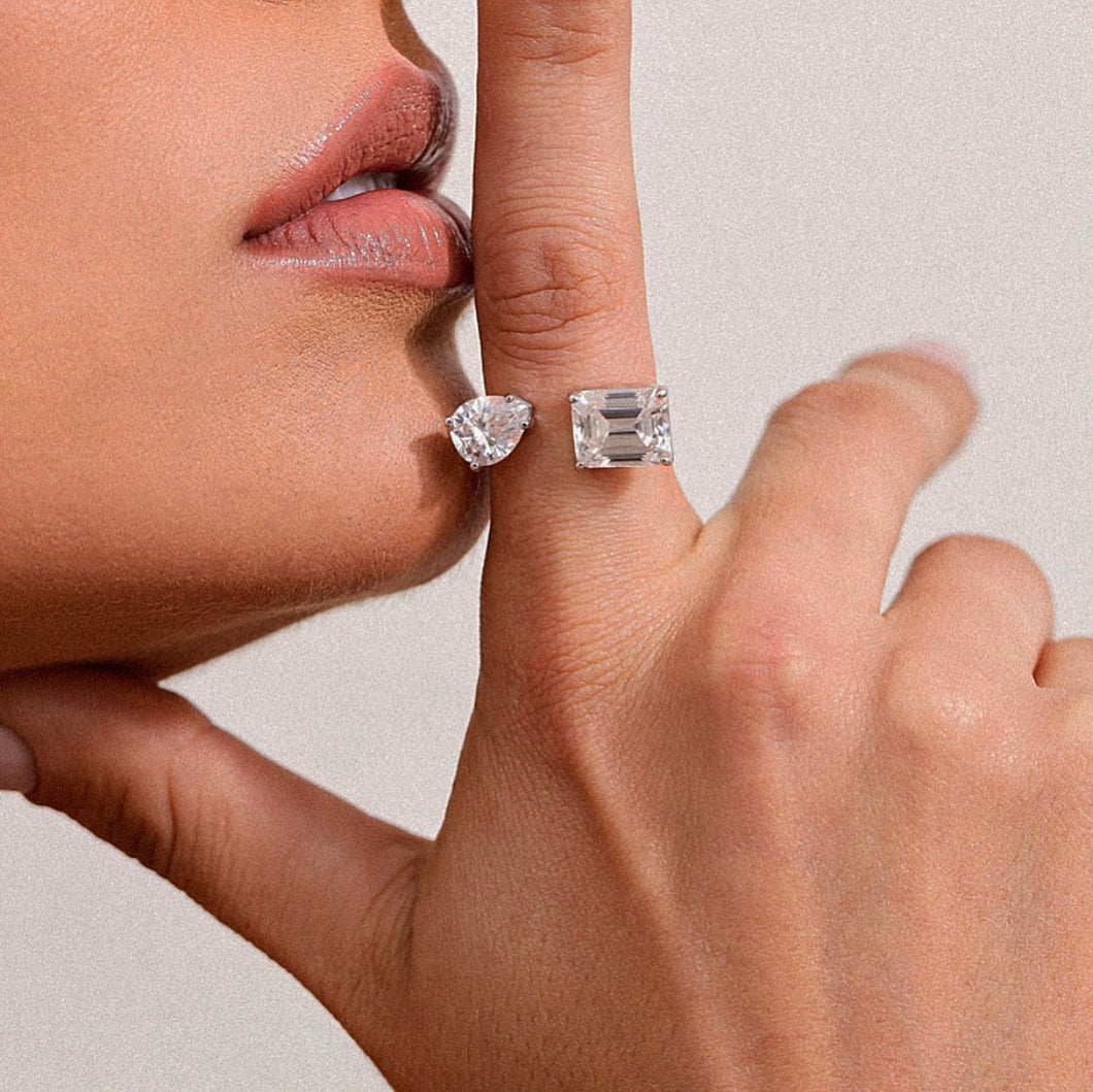 Anel duplo baguete gota moissanite